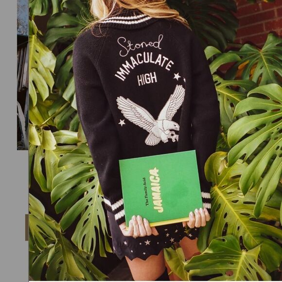 Stoned Immaculate Cardigan Size Large Varsity Sweater Black White Knit NWT Women - Picture 2 of 6